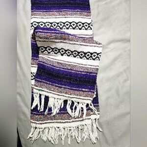 Purple and White Striped Mexican Blanket with Fringe